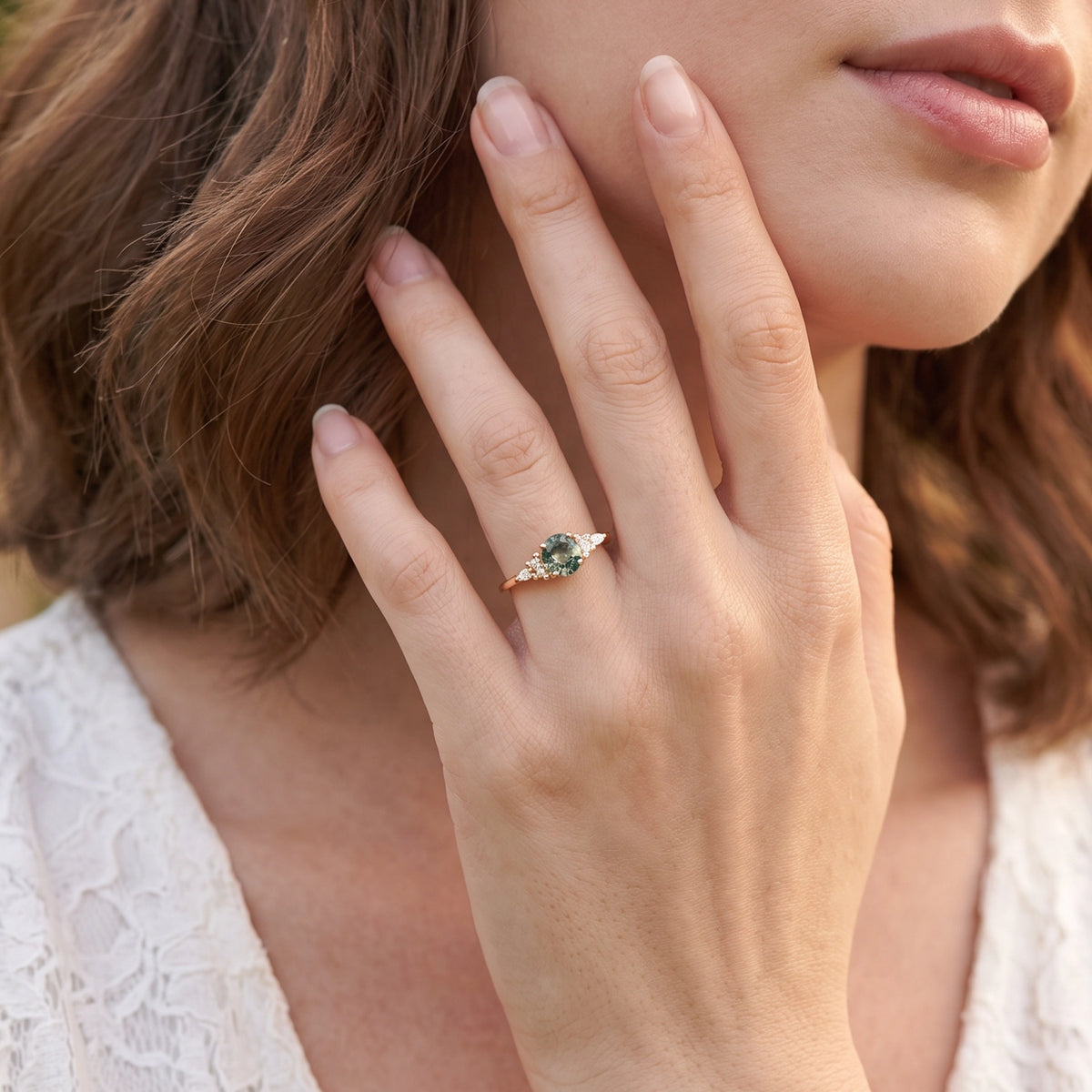 Sylvie’s Dew | Vintage Round Moss Agate Cluster Engagement Ring