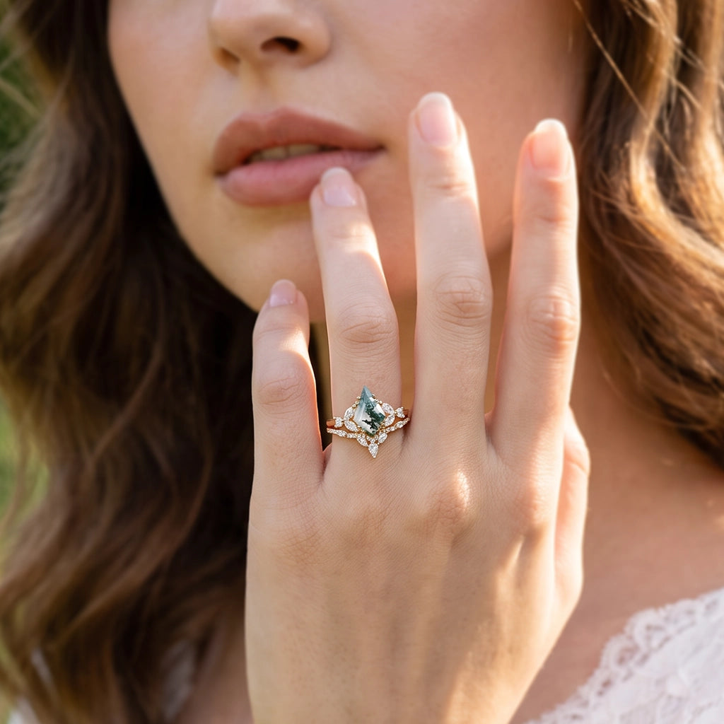 Sylvie‘s Glimmer | Moss Agate Cluster Chevron Bridal Duo