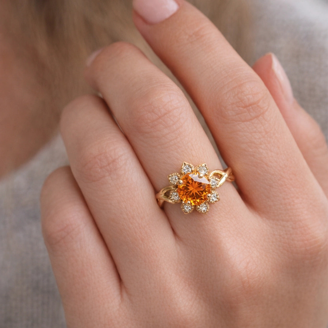 Ivy’s Corolla | Round Orange Garnet Engagement Ring with Petal Halo.
