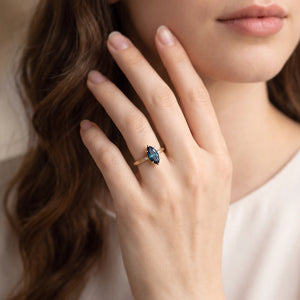 Aurelia’s Vesper | Fantasy-Cut Marquise London Blue Topaz Foliage Filigree Vintage Engagement Ring