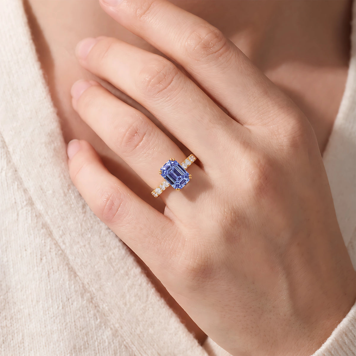 Marina’s Epoch | 3CT Emerald Cut Blue Sapphire Solitaire Engagement Ring