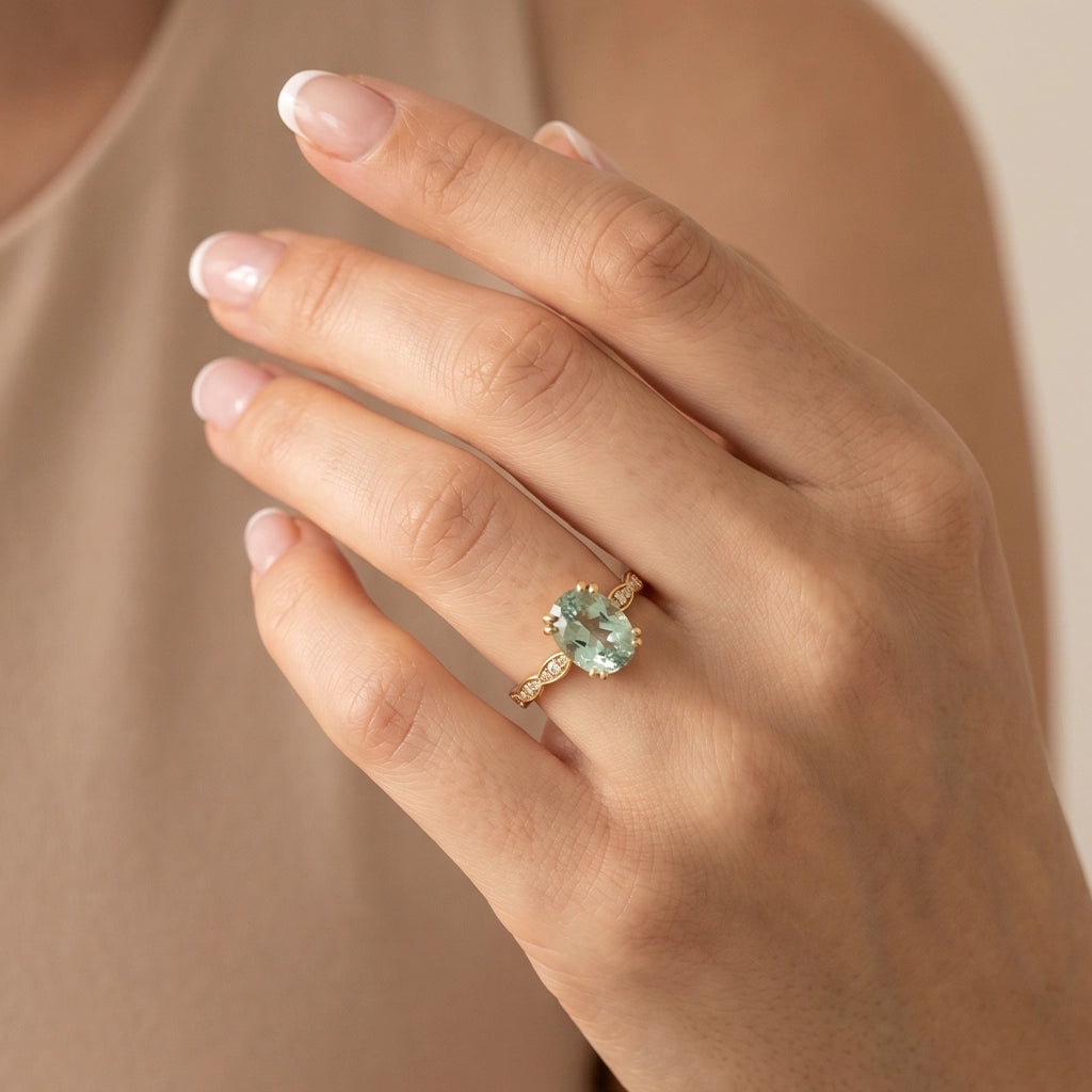 Lydia's Lace | 2CT Oval Green Sapphire Engagement Ring with Lace-Trim Diamond Band.