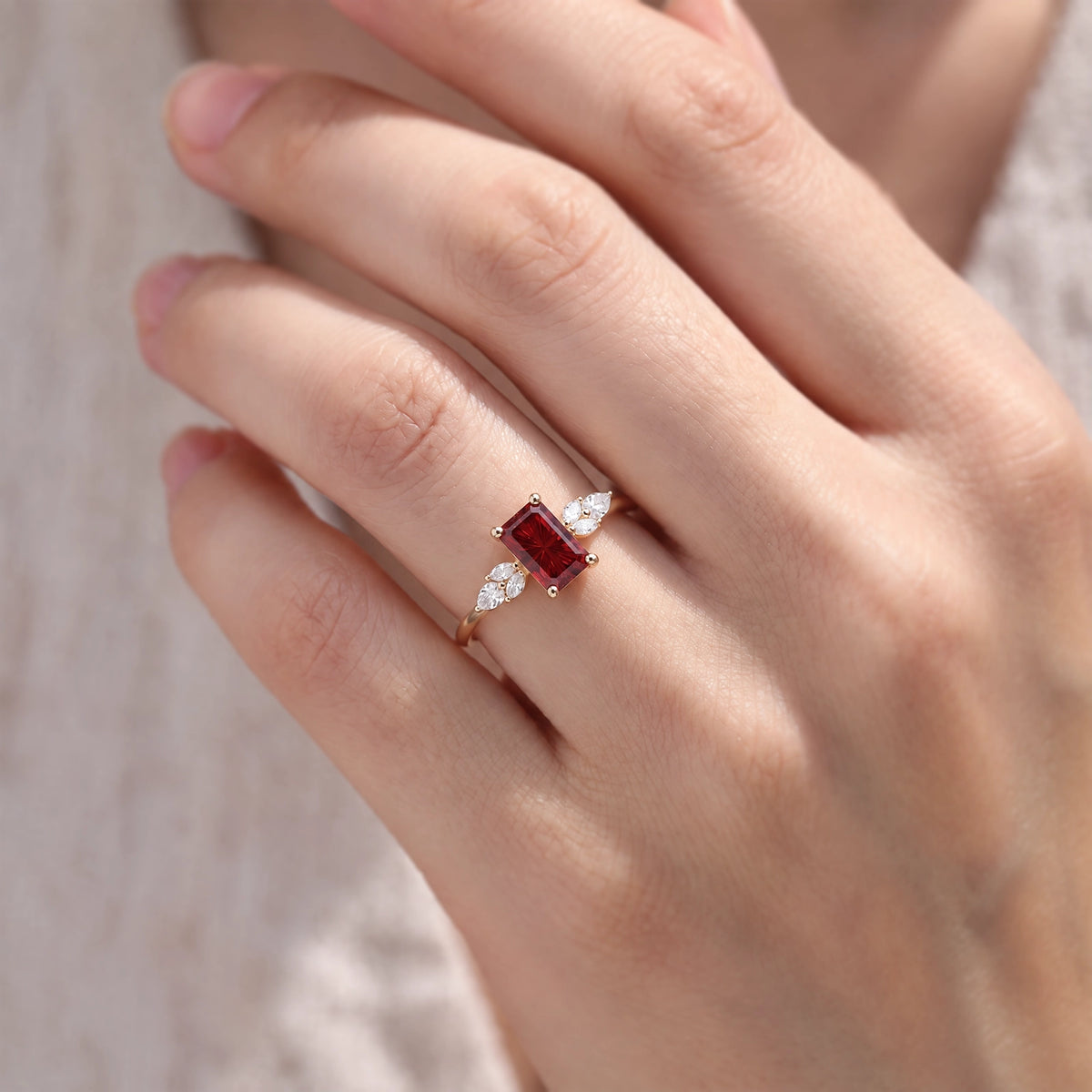 Joséphine’s Pomegranate |  Fantasy-Cut Rectangular Garnet Cluster Engagement Ring