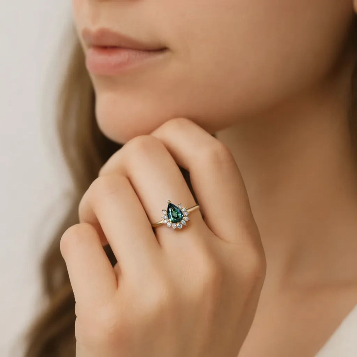 Lyra’s Hearth | Pear Teal Sapphire Engagement Ring.