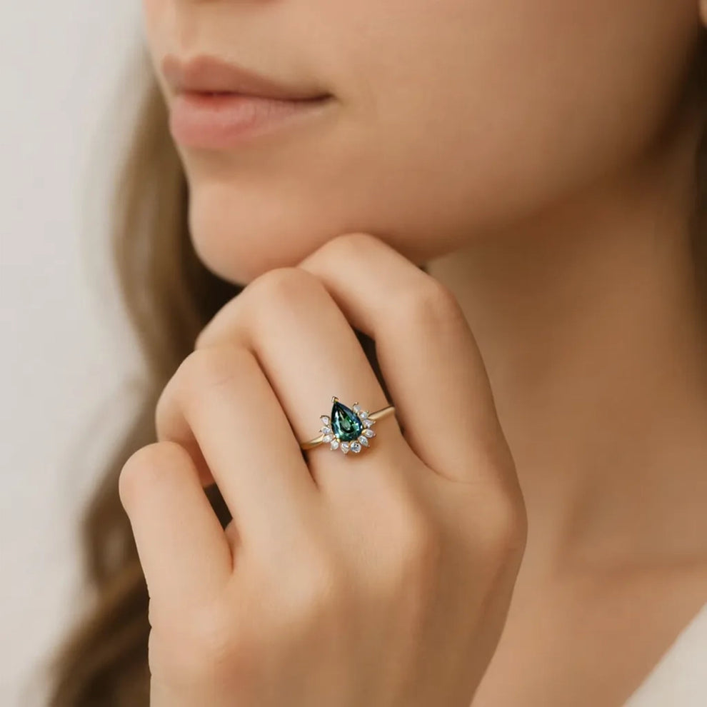 Lyra’s Hearth | Pear Teal Sapphire Engagement Ring.