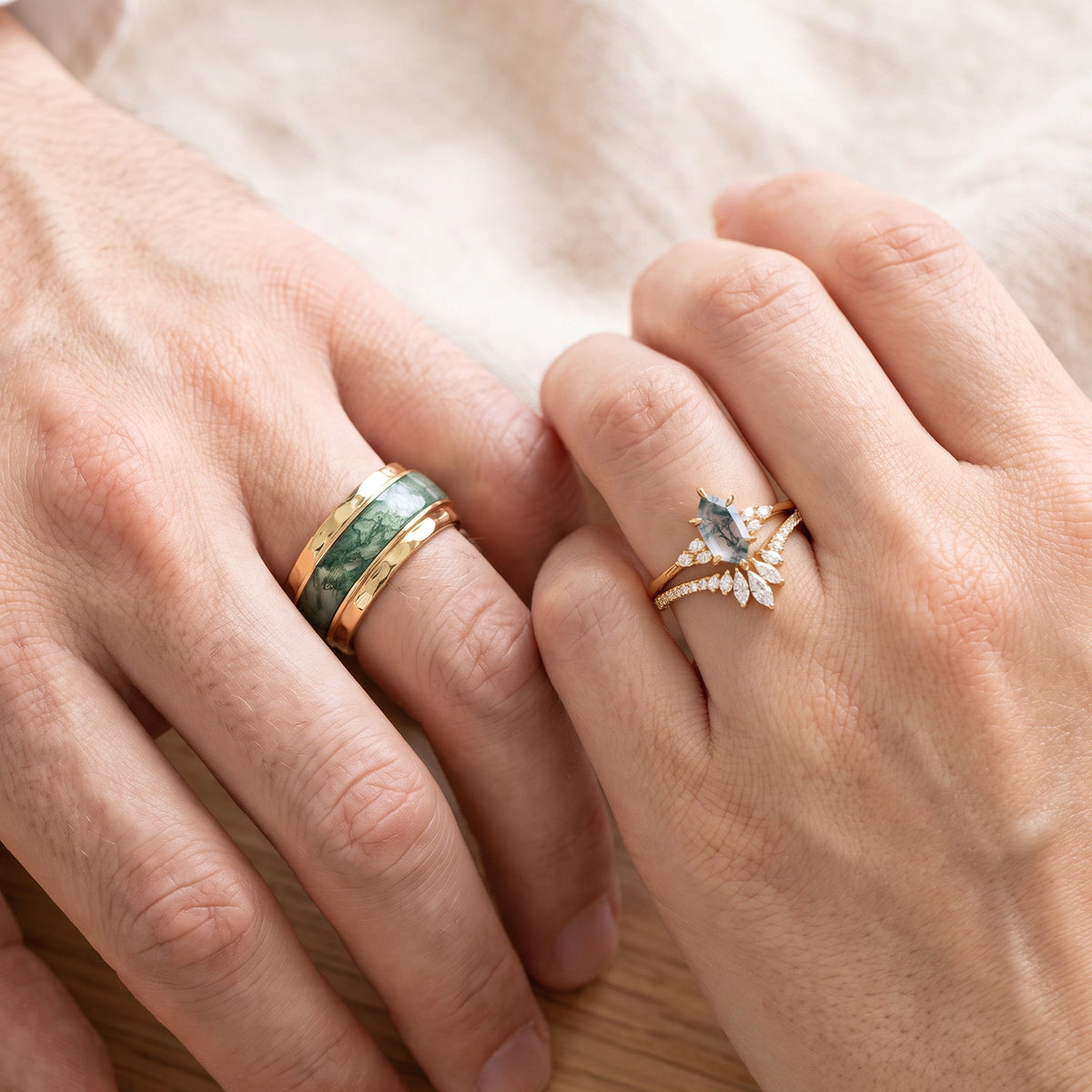 Genevieve’s Harmony | Luxurious Hexagon Moss Agate Bridal Set & 8MM Moss Inlay Band Couple Ring Set 3pcs