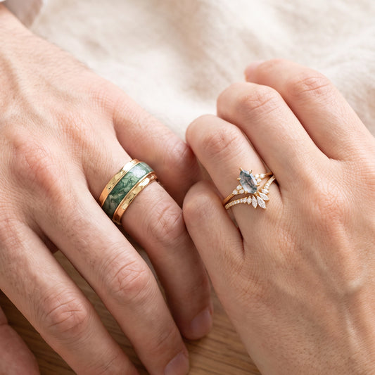 Genevieve’s Harmony | Luxurious Hexagon Moss Agate Bridal Set & 8MM Moss Inlay Band Couple Ring Set 3pcs