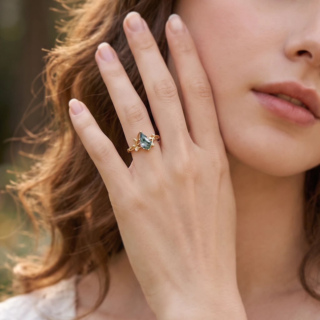 Hazel’s Whisper | Kite Cut Moss Agate Engagement Ring