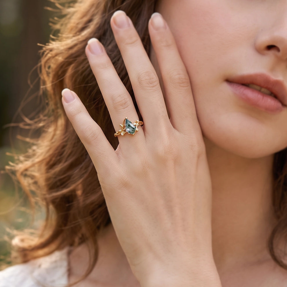 Hazel’s Whisper | Kite Cut Moss Agate Engagement Ring