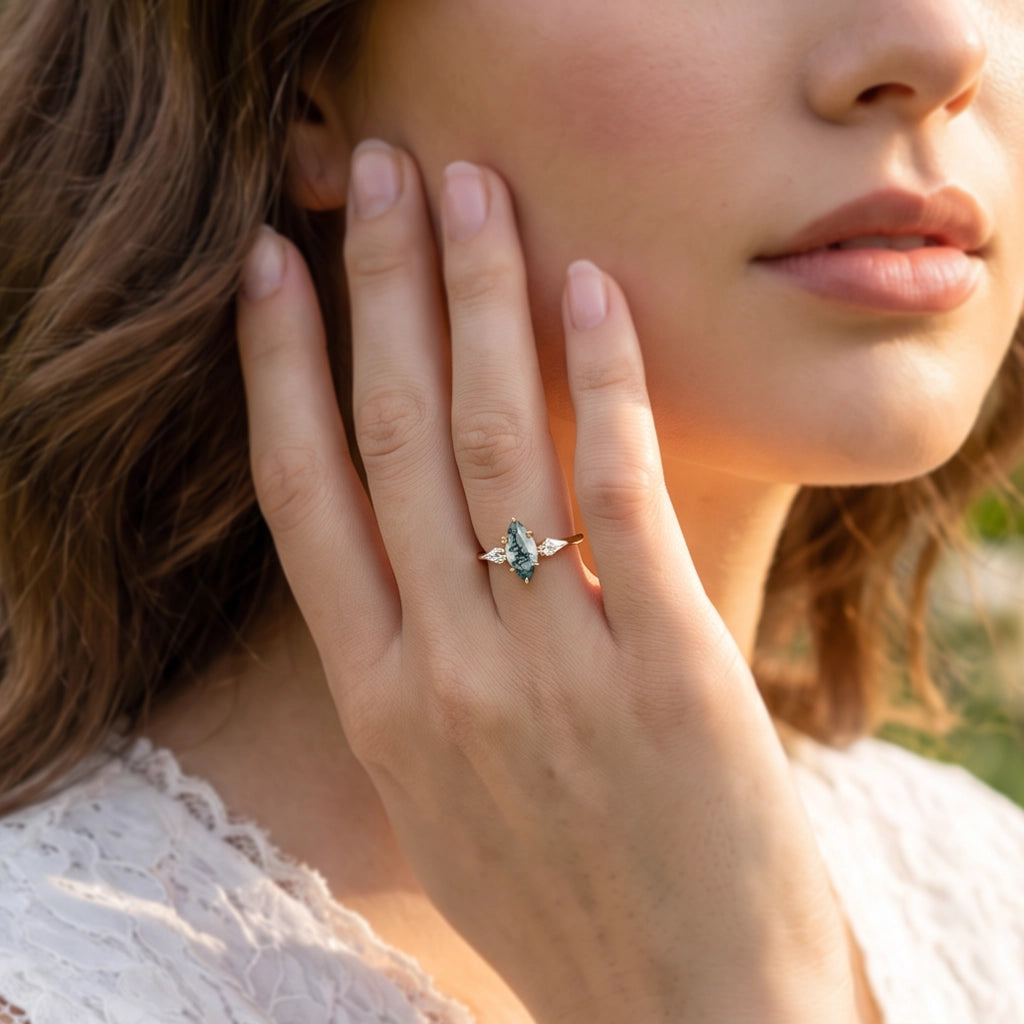 Flora’s Trinity | Minimalist Marquise Cut Moss Agate Three Stone Engagement Ring