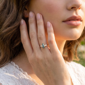 Flora’s Trinity | Minimalist Marquise Cut Moss Agate Three Stone Engagement Ring