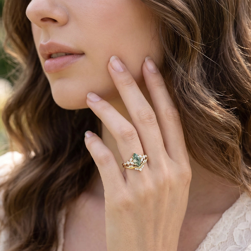 Sylvie’s Vine | Marquise Cut Moss Agate Leafy Bridal Set 2pcs.