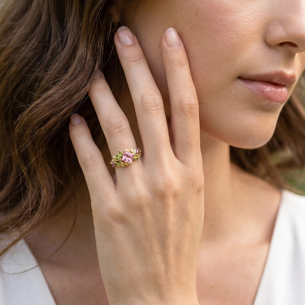Celeste’s Blossom | Pink Princess Cut Tourmaline Engagement Ring.