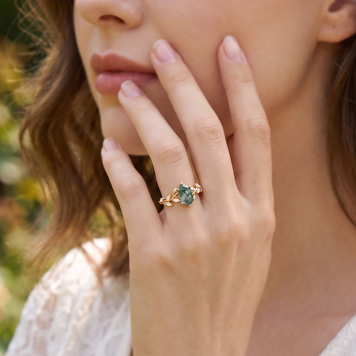 Celandine’s Tendril | Hexagon Cut Moss Agate Vine Engagement Ring