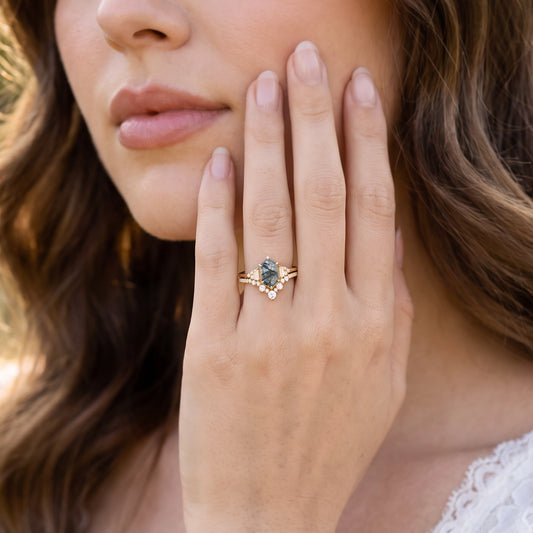 Ariadne’s Labyrinth | Elongated Hexagon-Cut Moss Agate Milgrain Chevron Bridal Set 2pcs