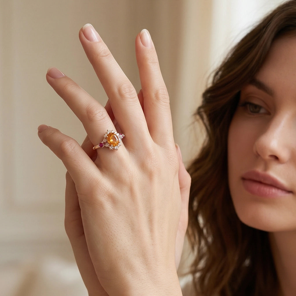 Flora's Wreath | Oval Mandarin Garnet & Multi‑Stone Halo Engagement Ring.
