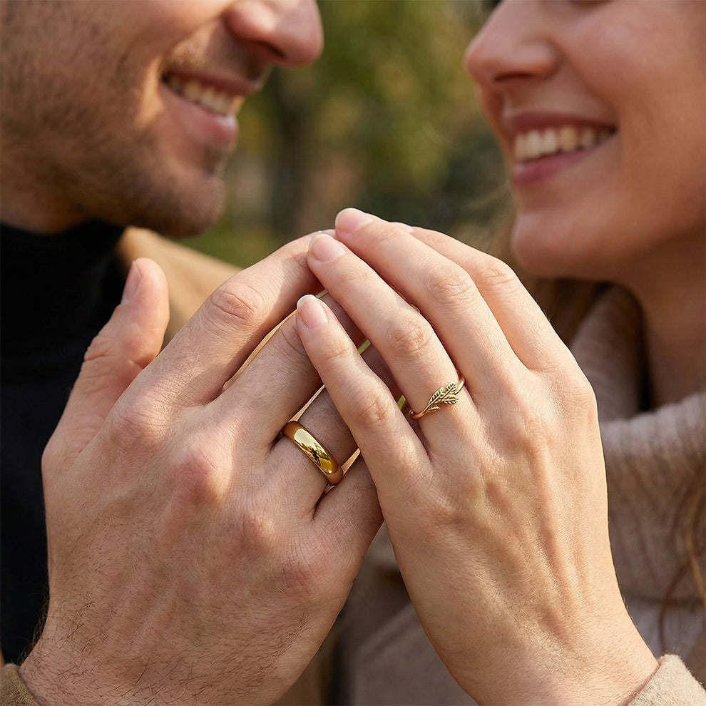 The Minimalist Pair – Classic & Leaf Designs in Polished Wedding Bands.