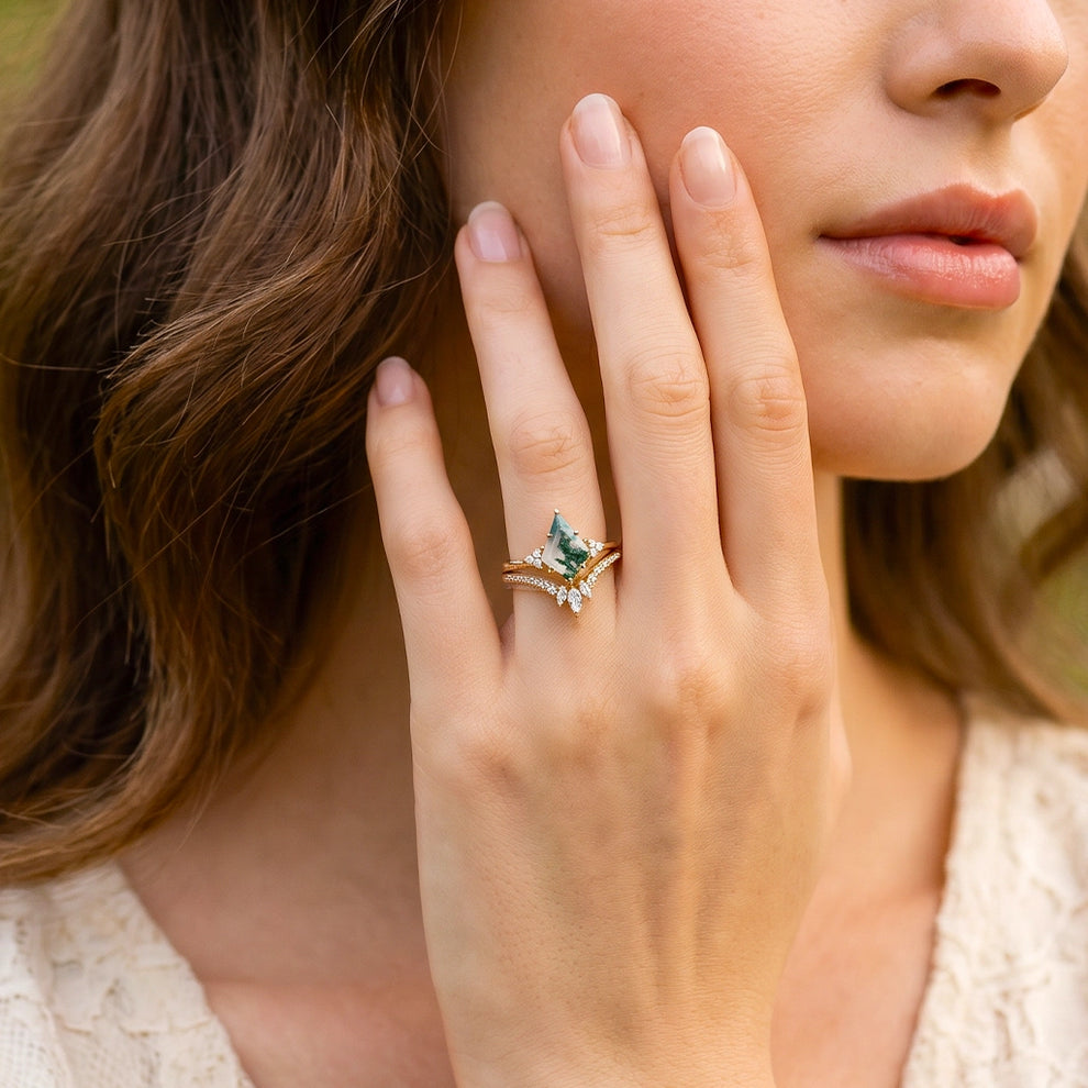 Elara’s Grove | Kite Cut Moss Agate Engagement Ring Set 2pcs.