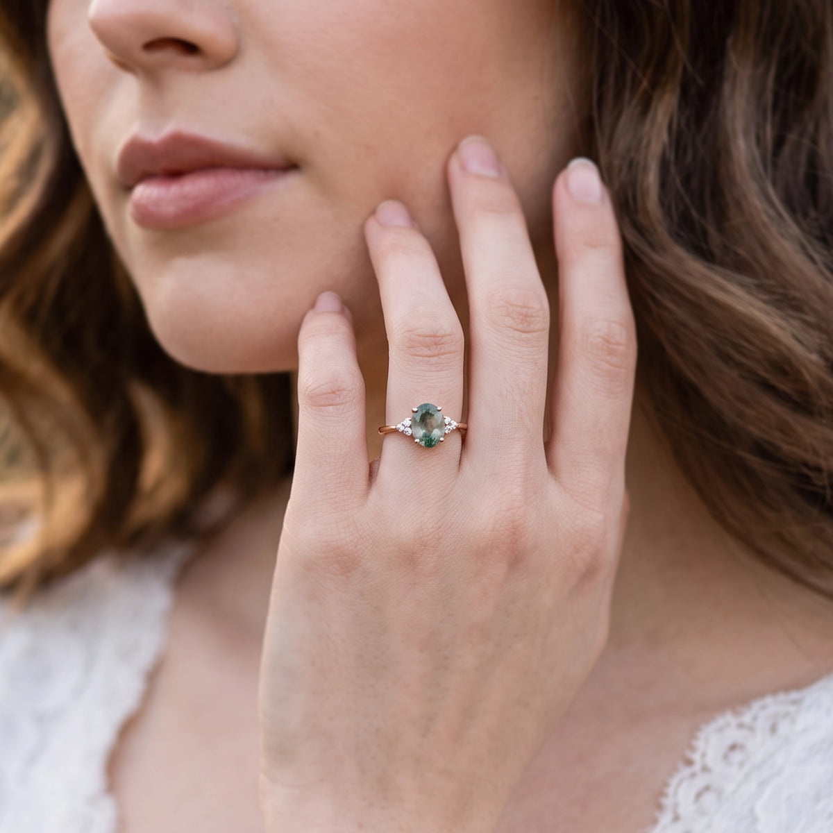 Titania’s Dew | Oval Moss Agate Vintage Cluster Engagement Ring
