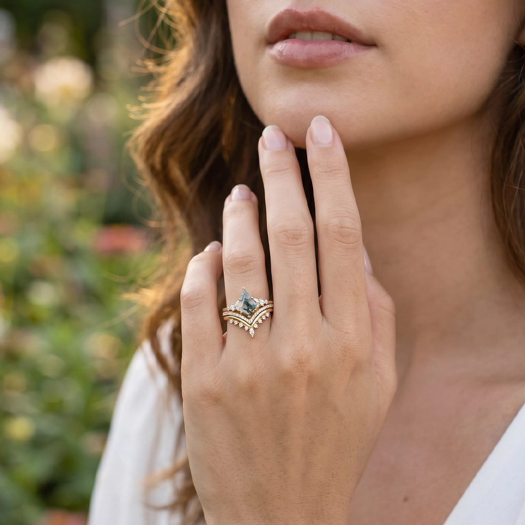 Sylvie’s Cascade | Kite Cut Moss Agate Stacking Bridal Set 3pcs.