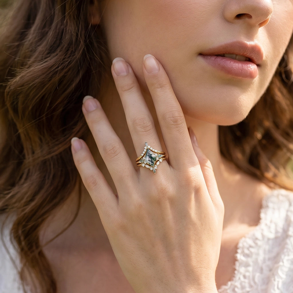 Sylvie’s Chevron | Kite Cut Green Moss Agate Engagement Ring Set 3pcs