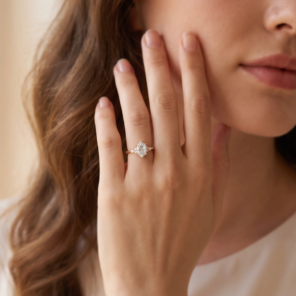 Ariadne’s Lumière | Hexagon Fantasy-Cut White Sapphire Cluster Engagement Ring