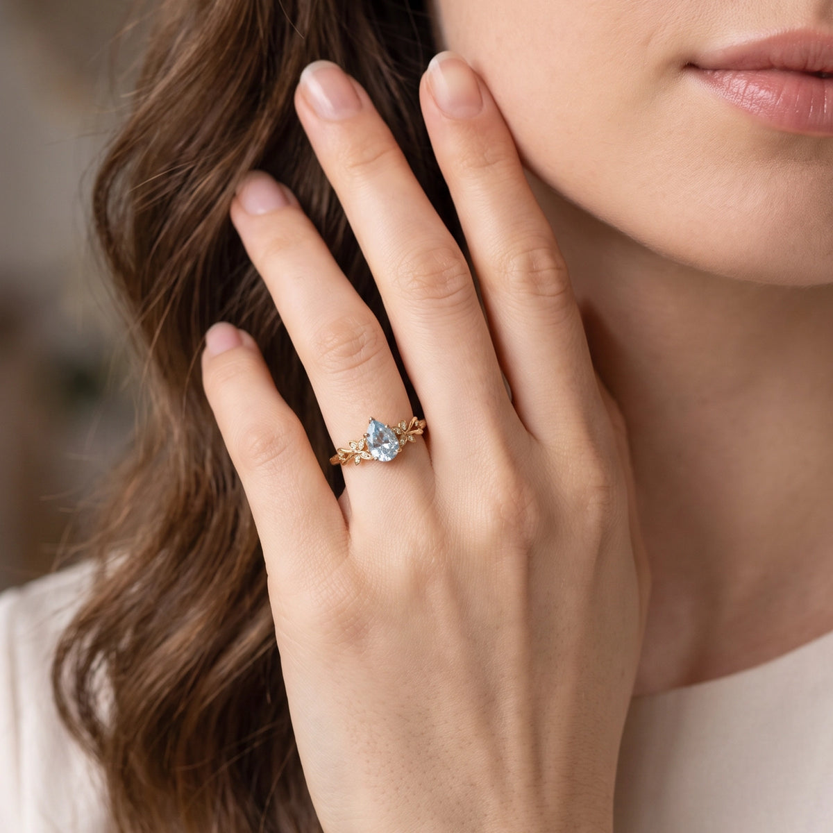 Marina’s Foliage | Pear Blue Aquamarine Botanical Engagement Ring