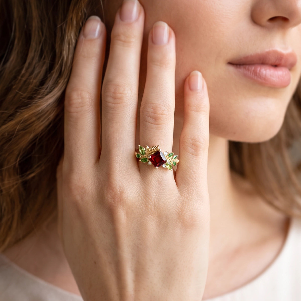 Rosalind’s Ode | Princess Cut Ruby Grand Foliage Engagement Ring