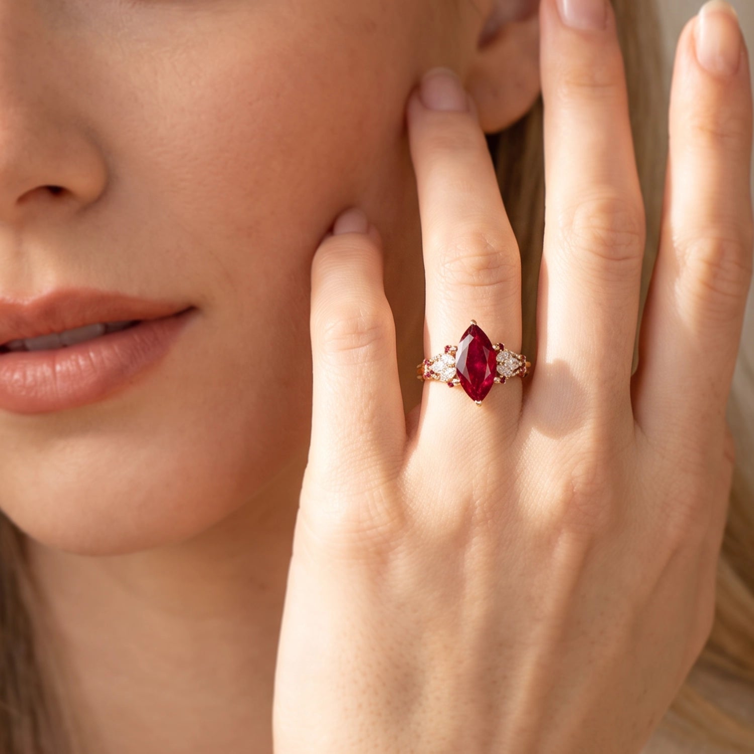 Valencia’s Crimson | 2CT Marquise Ruby Vintage Engagement Ring