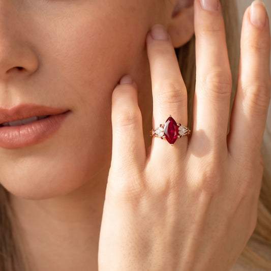 Valencia’s Crimson | 2CT Marquise Ruby Vintage Engagement Ring