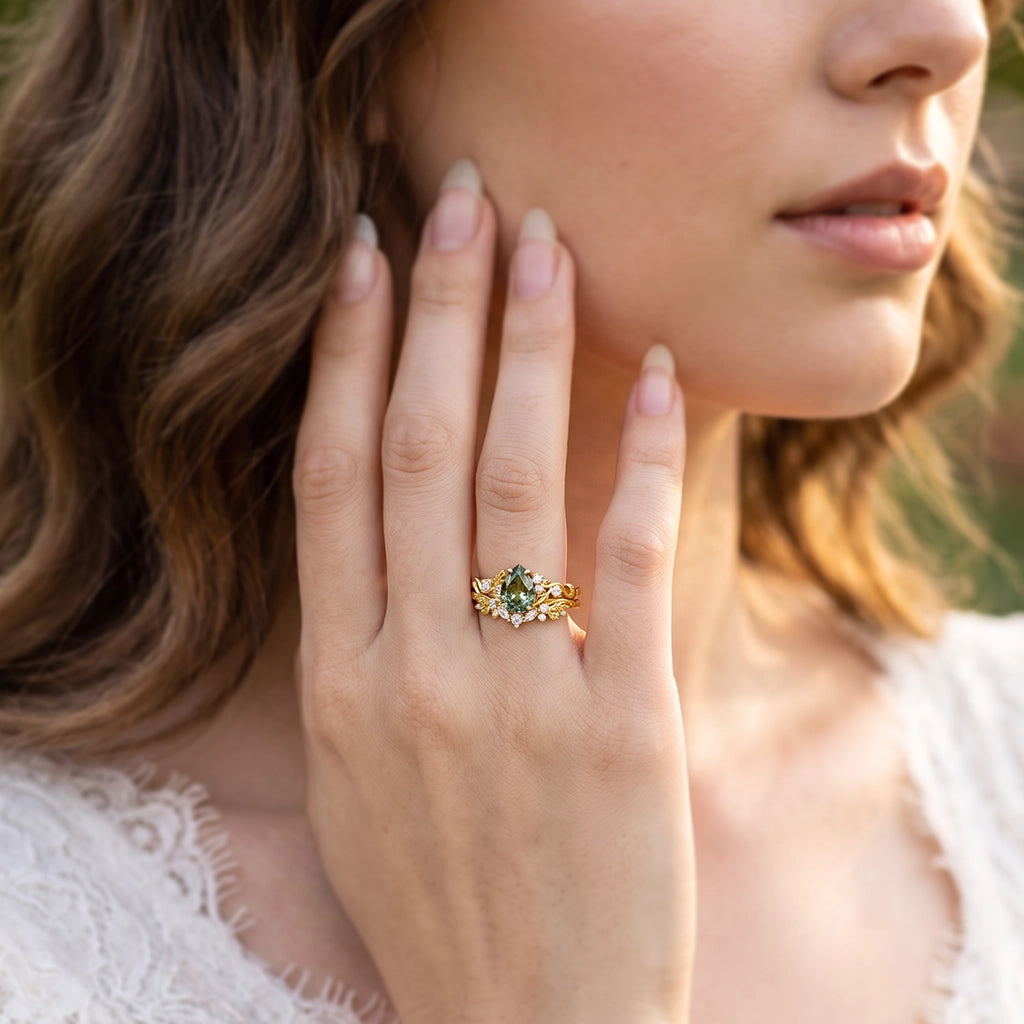 Sylvie’s Vine | 1.3CT Vintage Green Sapphire & Leaf Bridal Set 2pcs