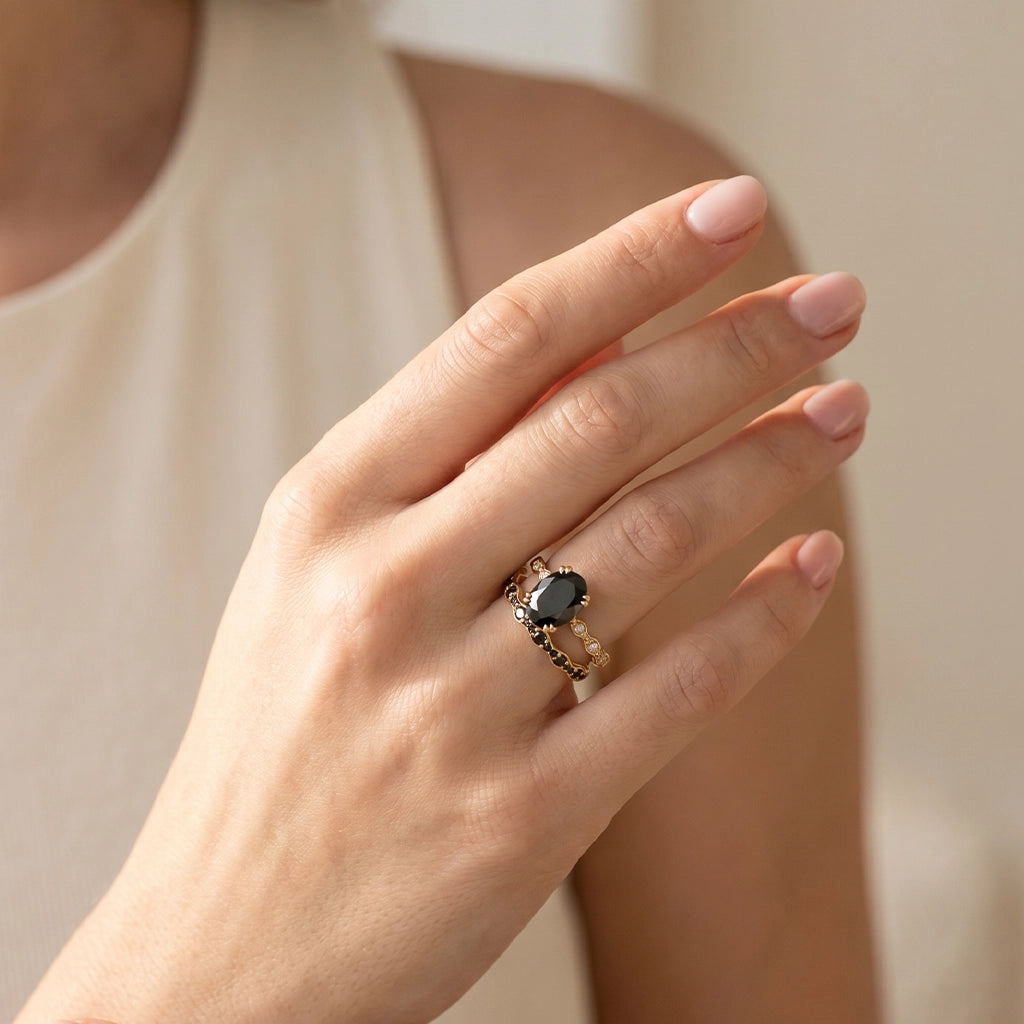 Nyx’s Shadow | Oval Black Diamond Bridal Set with Black Diamond Bands 2pcs.