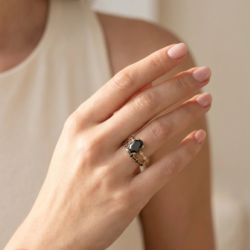 Nyx’s Shadow | Oval Black Diamond Bridal Set with Black Diamond Bands 2pcs.