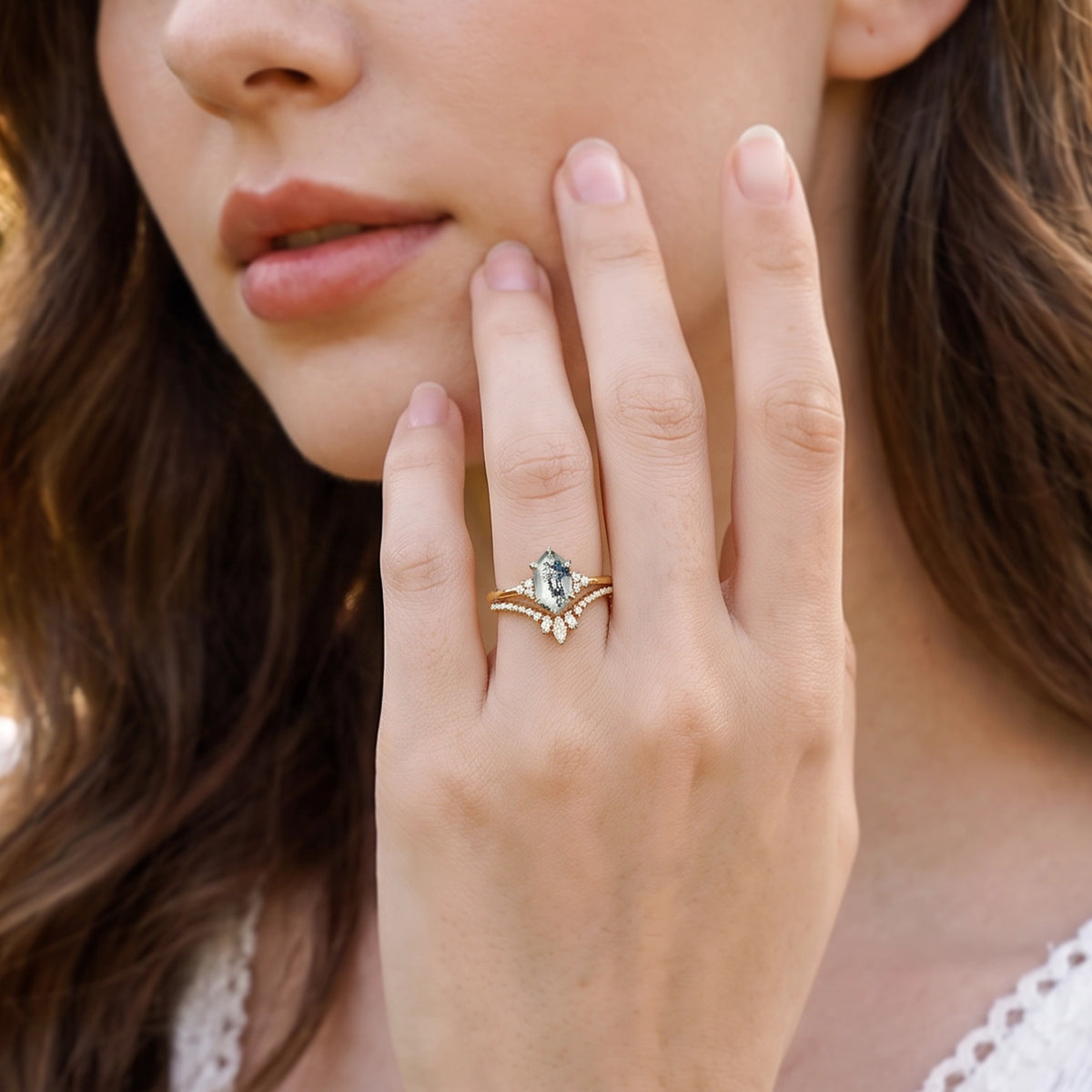 Rowan‘s Glade | Hexagon Cut Moss Agate Chevron Bridal Duo