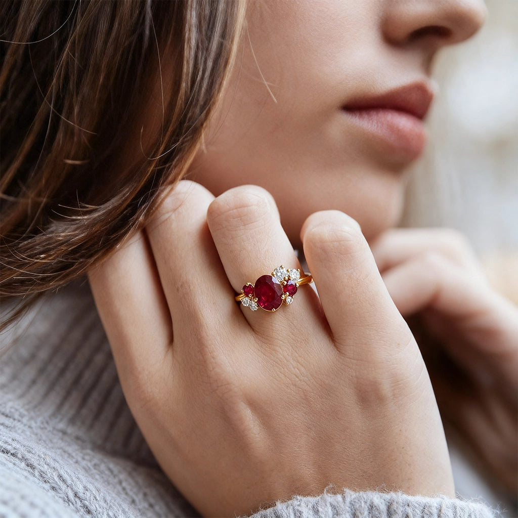 Dainty 1CT Oval Cut Ruby Halo Engagement Ring.
