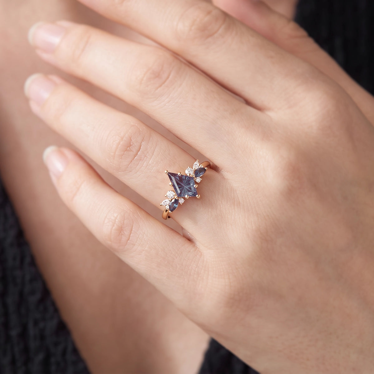 Alexandria’s Aurora | Kite Fantasy-Cut Alexandrite Cluster Engagement Ring