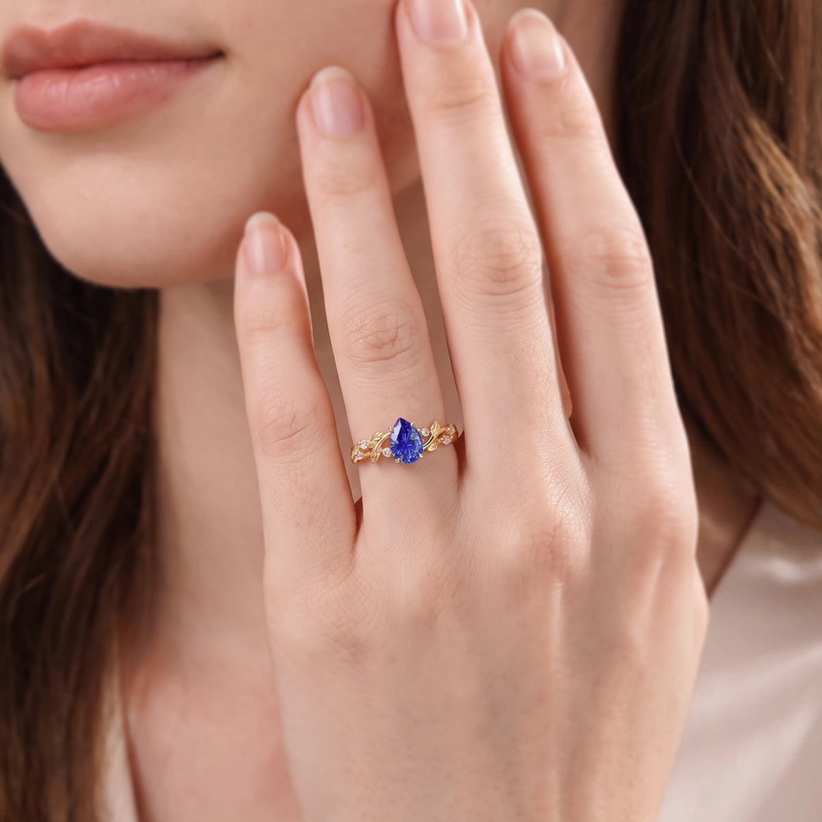 Theodora’s Diadem | Pear Fantasy-Cut Royal Blue Sapphire Foliage Engagement Ring