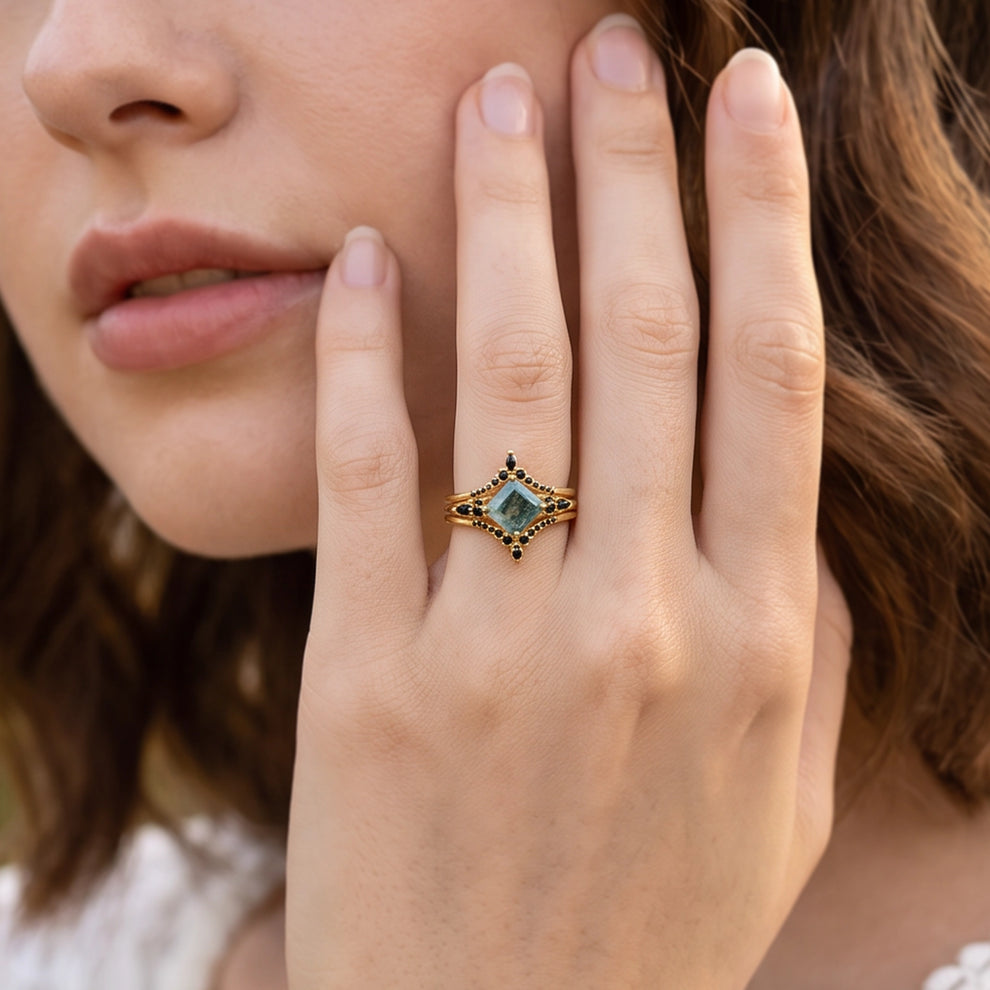 Sylvie’s Wildwood | Square Moss Agate & Onyx Double Chevron Trio Bridal Set