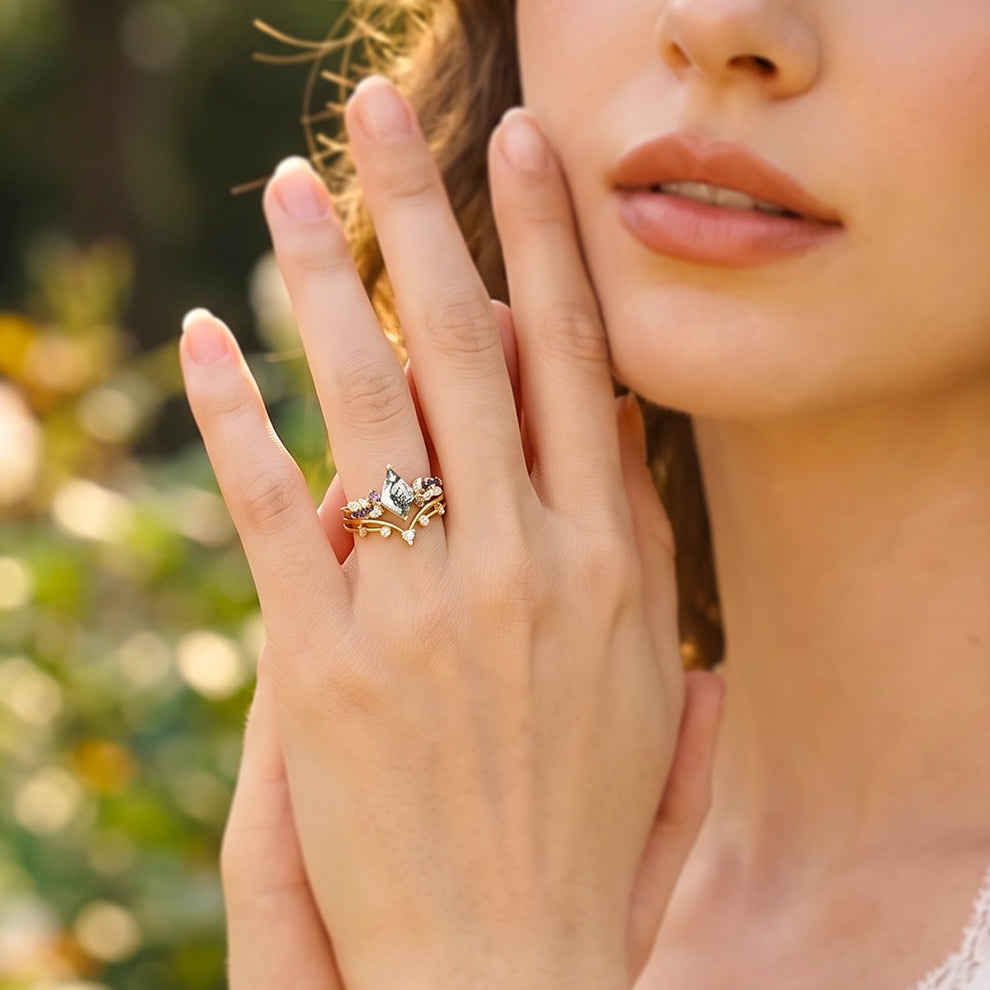 Isadora’s Rhapsody | Kite Moss Agate & Gradient Sapphire Bridal Duo