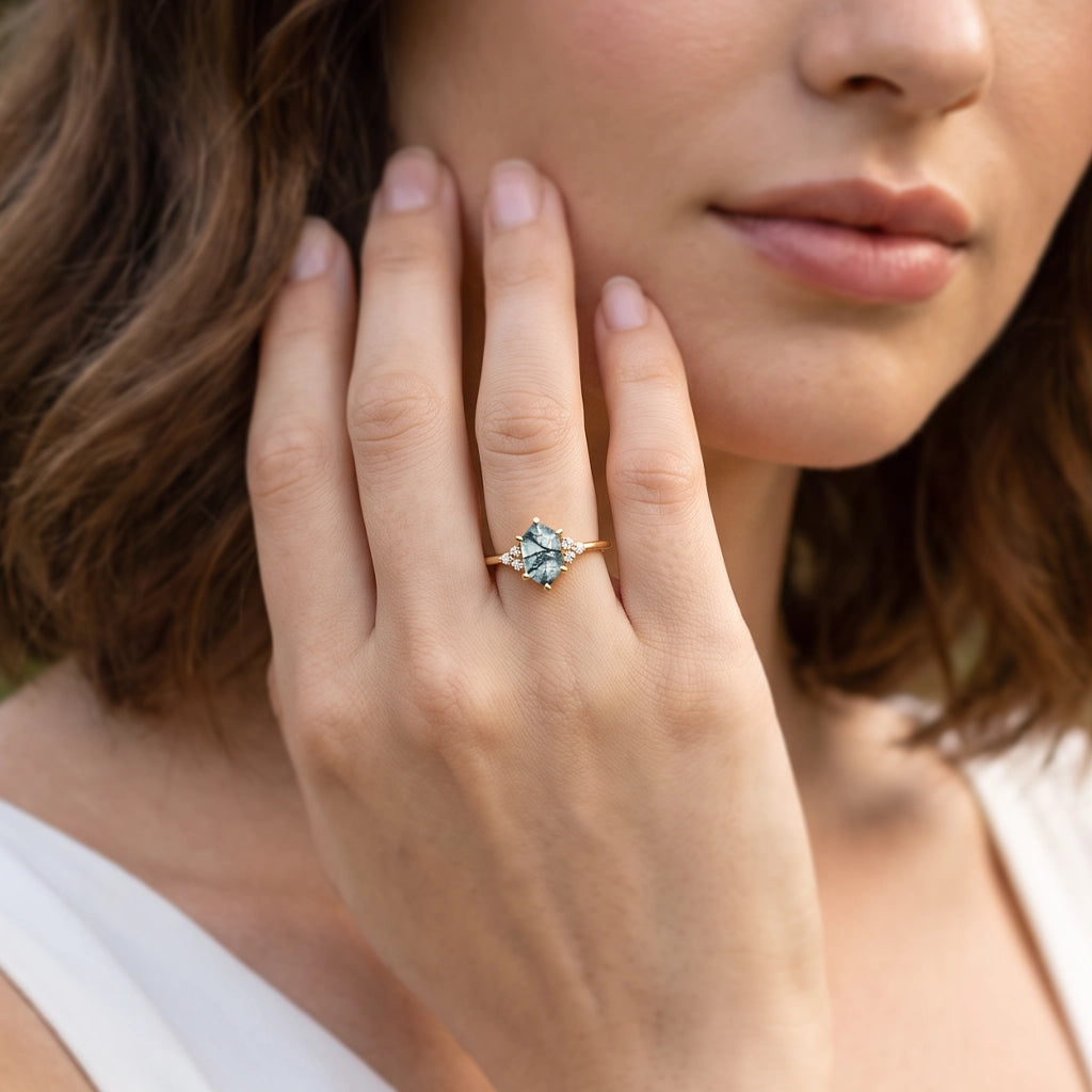Isadora’s Grove | Vintage Hexagon Moss Agate Engagement Ring