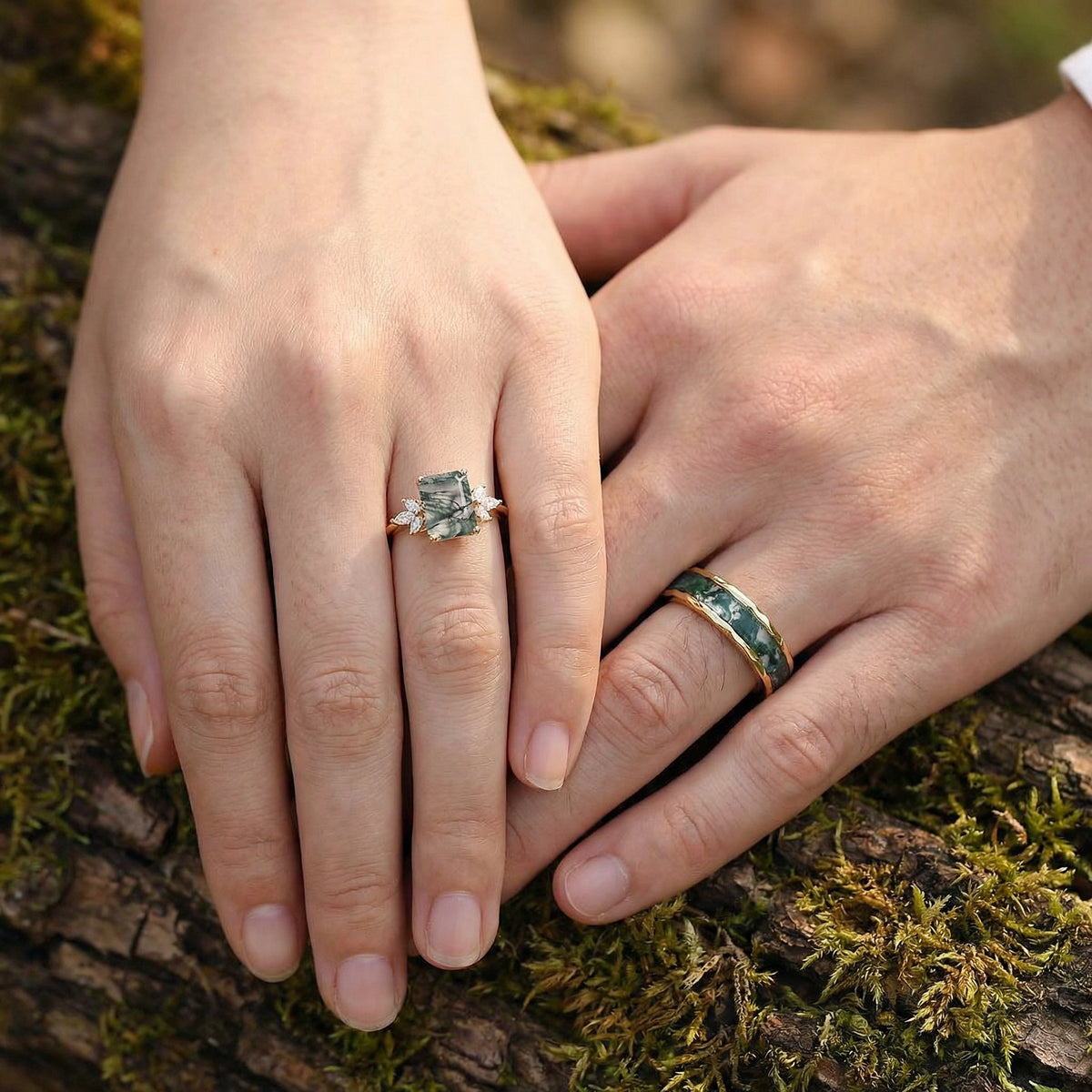 Flora’s Terrace | Emerald Cut Moss Agate Yellow Gold Couple Ring Set 2pcs.