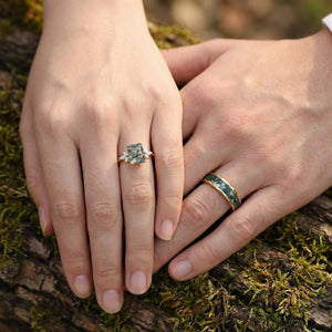 Flora’s Terrace | Emerald Cut Moss Agate Yellow Gold Couple Ring Set 2pcs.