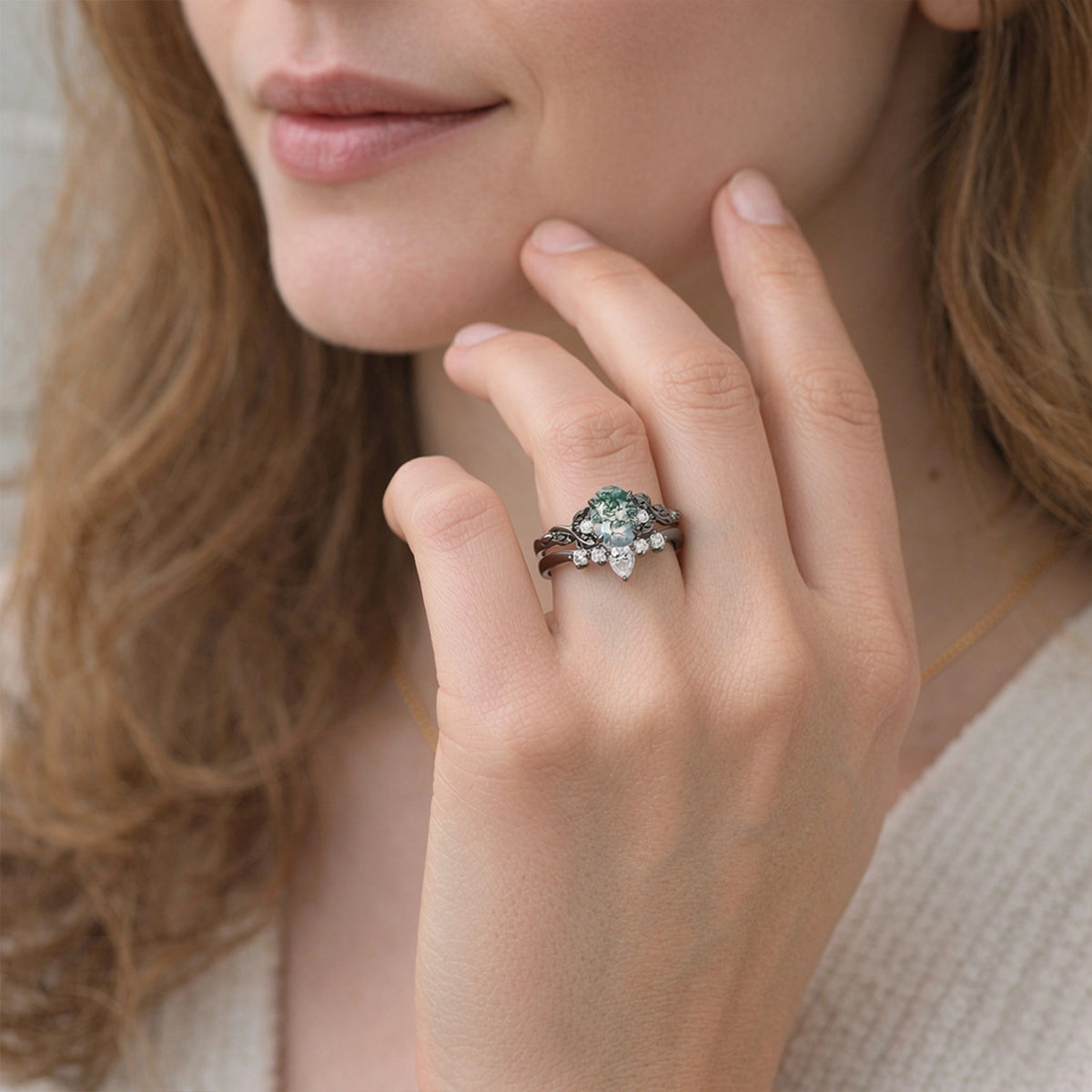 Aurelia’s Grove | Oval Moss Agate & Moissanite Leafy Ring Set 2pcs.