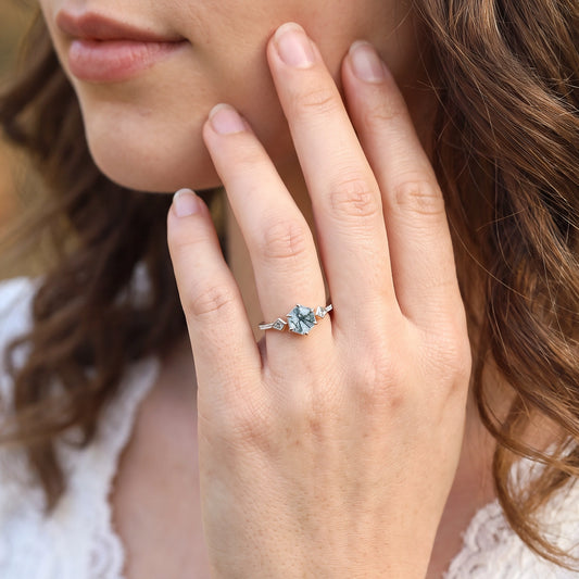 Beatrice‘s Hive | Hexagon Cut Moss Agate Bezel Engagement Ring