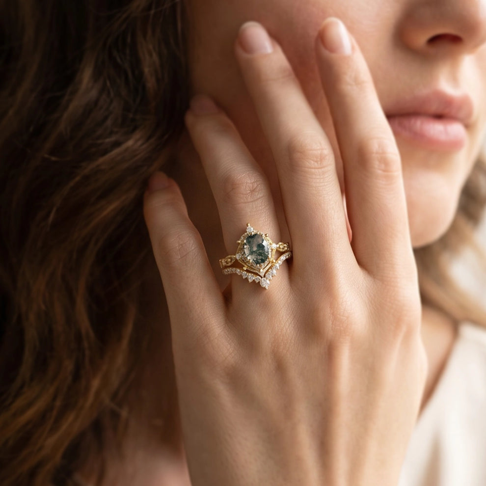 Charlotte’s Heritage | 2CT Vintage Oval Moss Agate Grand Bridal Set 2pcs
