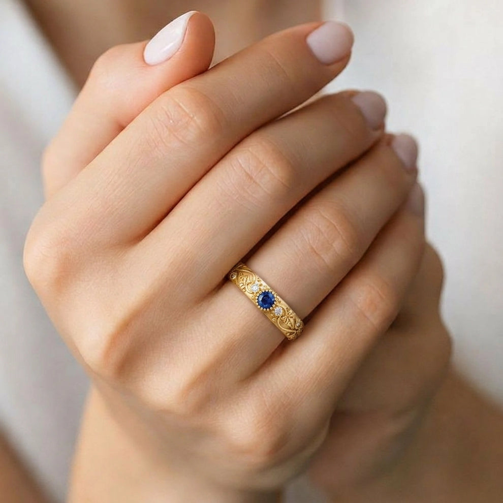 Ivy’s Cove | Blue Sapphire & Diamond Ivy Leaf Wedding Band.