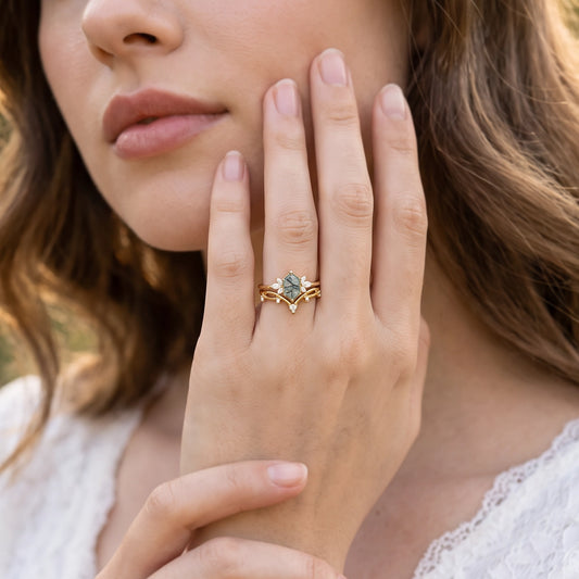 Alexandra’s Heritage | Hexagon Moss Agate & Moissanite Vintage Bridal Duo
