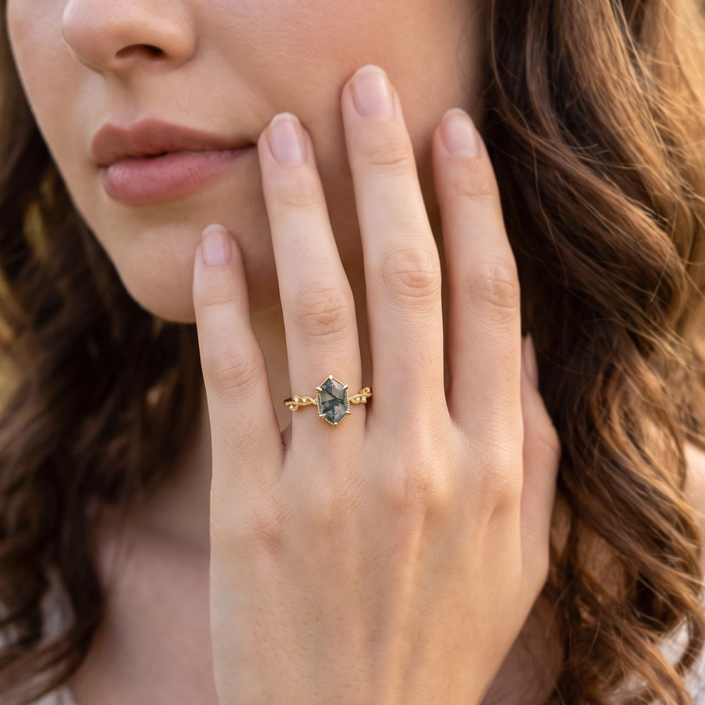 Isadora's Imprint | Hexagon Moss Agate Vintage Solitaire Engagement Ring
