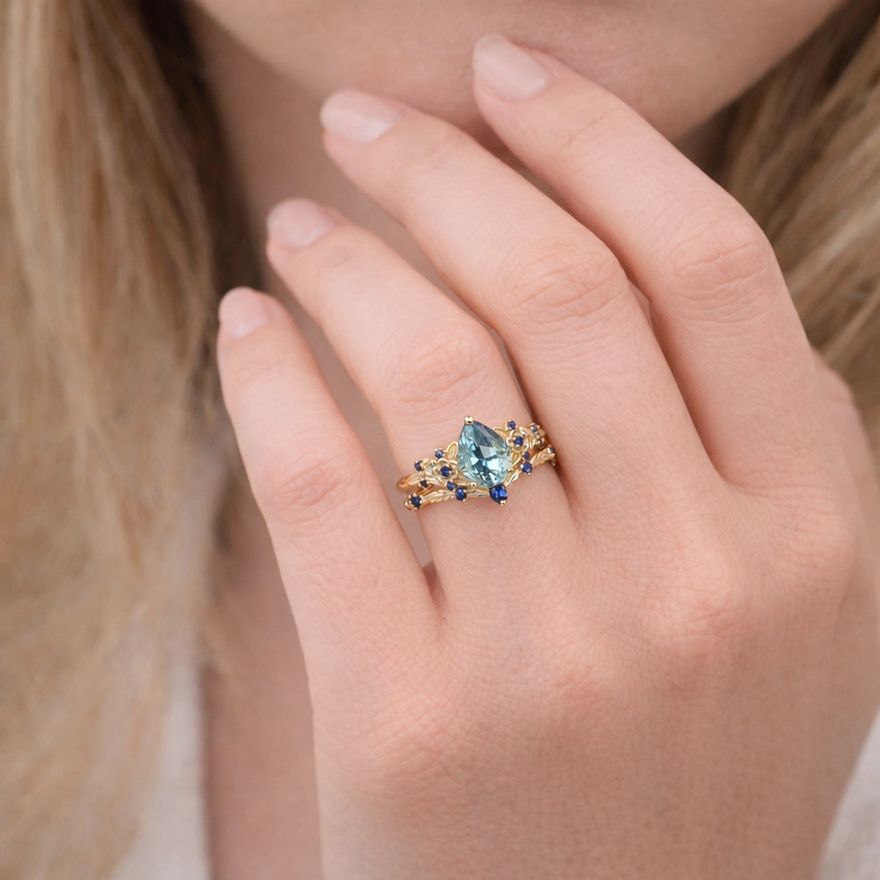 Isolde’s Tide | Vintage Pear Aquamarine & Sapphire Floral Bridal Set 2pcs.