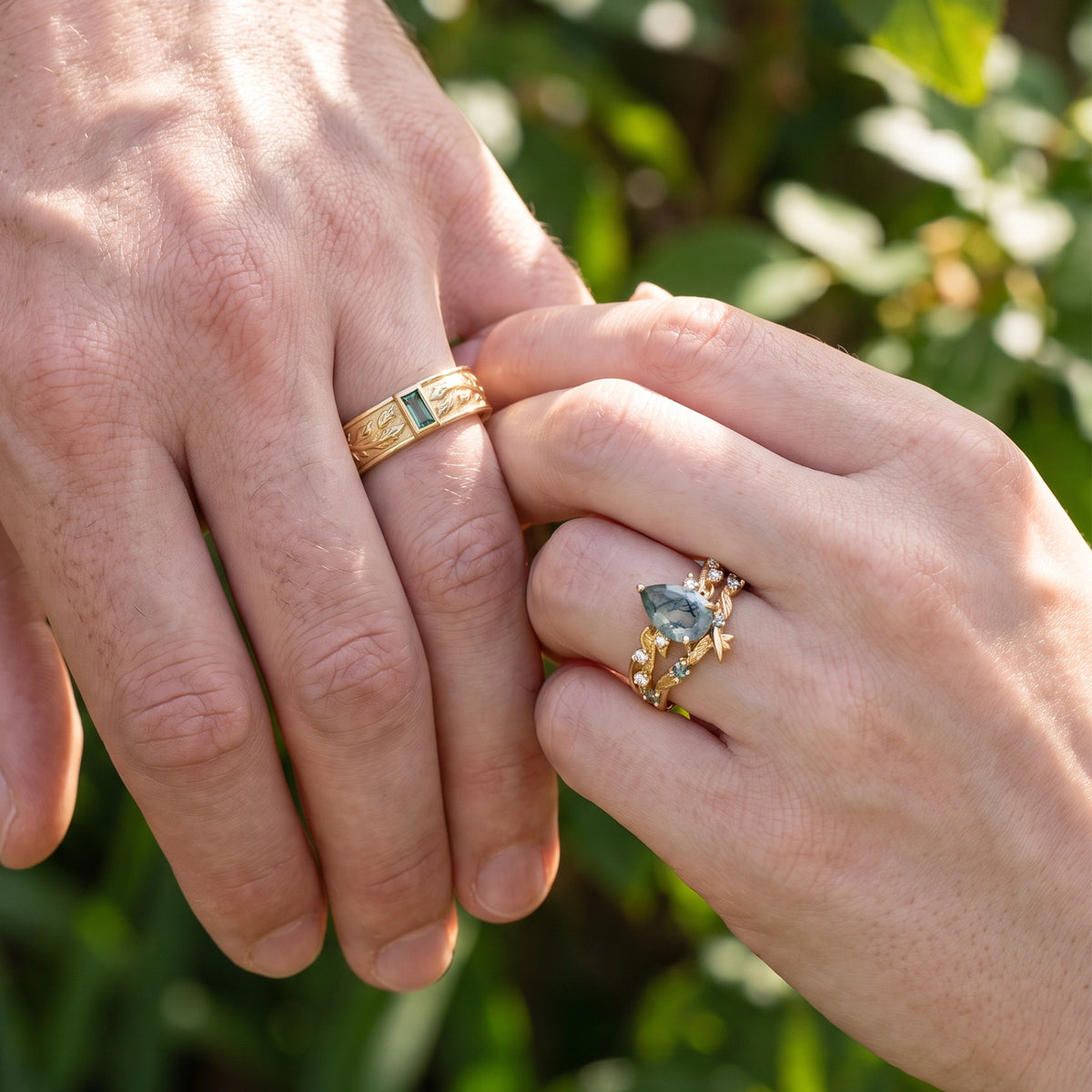Clarissa’s Constellation | Pear Moss Agate & Green Sapphire Couple Ring Set